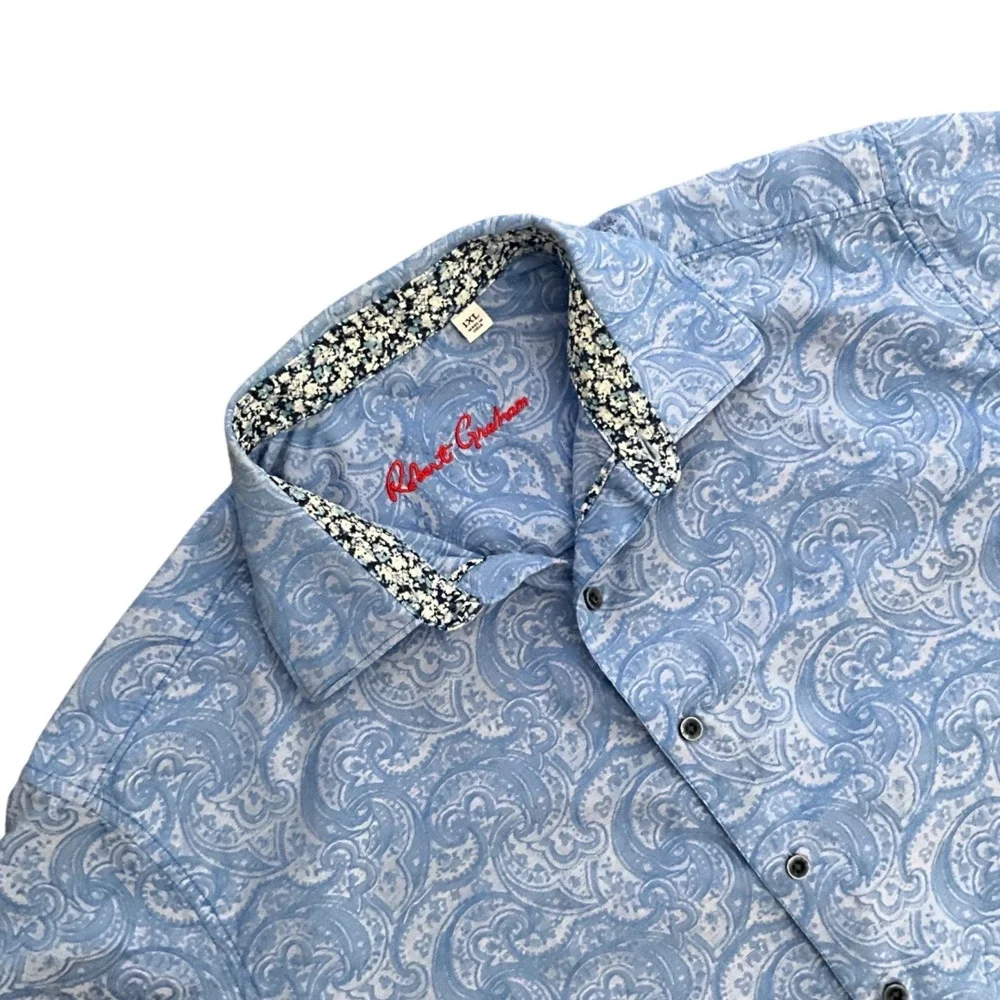 Robert Graham Paisley Button Up Shirt Blue‎ Short Sleeve Mens XXL Cotton